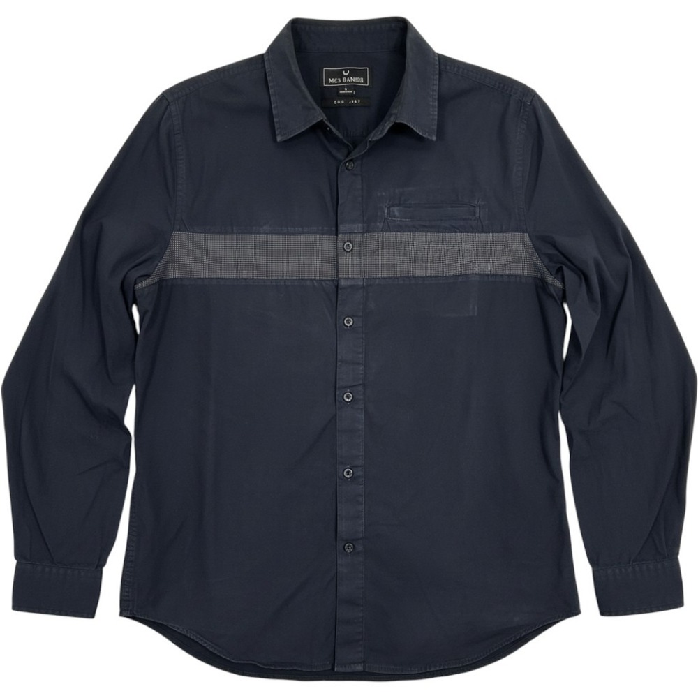 Nick Danger Mens Navy Blue Chest Stripe Long Sleeve Button Down Shirt Large